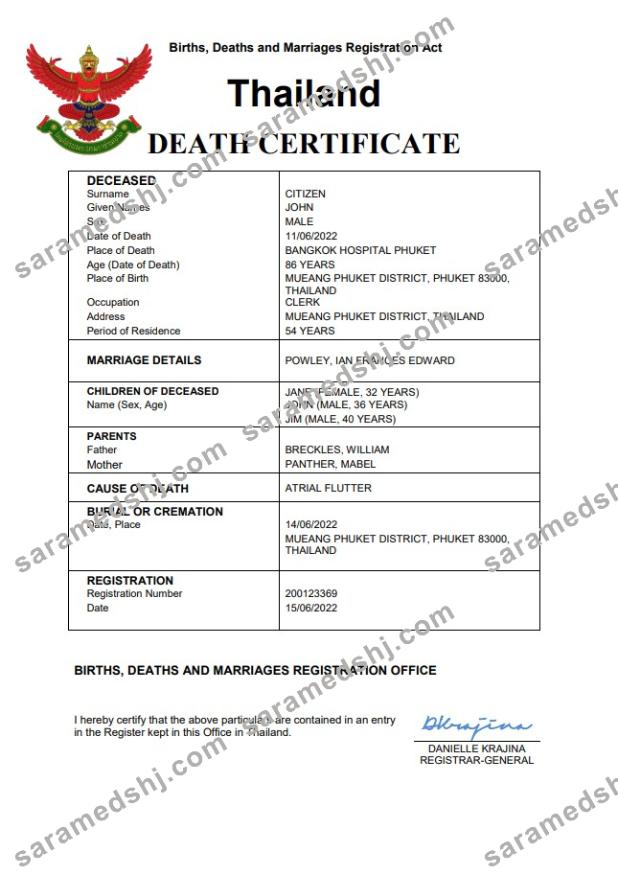 Thailand death certificate Word and PDF template